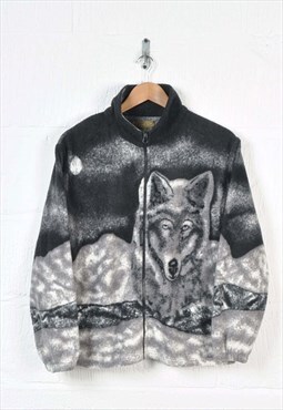 Vintage Fleece Jacket Wolf Print Grey Ladies Small