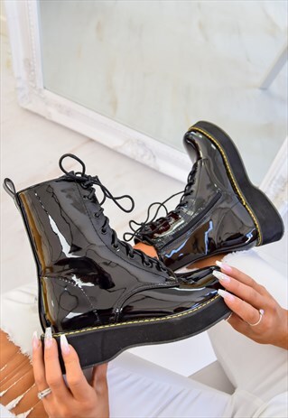 PATENT LACE UP CHUNKY BOOTS - BLACK