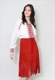 70'S VINTAGE LADIES RED SUEDE FRINGED MIDI SKIRT 