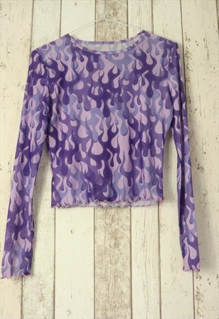 VINTAGE Y2K PURPLE MESH NET FLAMES FLAME PATTERN BLOUSE TOP