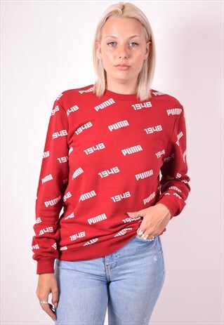 PUMA WOMENS VINTAGE SWEATSHIRT JUMPER SMALL RED 90S