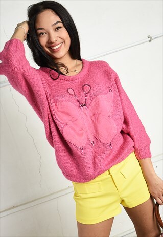 VINTAGE 80S BEADED BUTTERFLY EMBROIDERED KNIT JUMPER IN PINK