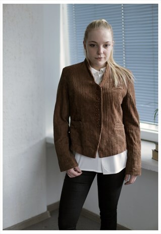 VINTAGE 80'S BROWN CORDUROY NO COLLAR JACKET
