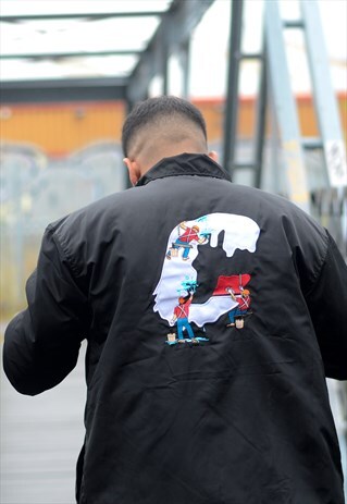 BLACK EMBROIDERED WINTER COACH JACKET.