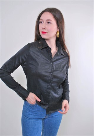 Women vintage minimalist black blouse for work