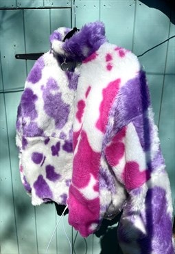 Handmade sustainable patchwork faux fur cow print jumper