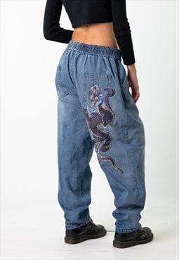 Blue Denim 90s Baggy Hip Hop Dragon Cargo Skater Pants