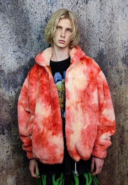 Tie-dye fleece hooded jacket detachable abstract bomber red