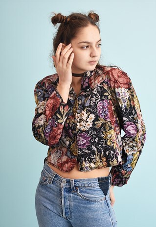 80'S RETRO FLORAL PRINT PADDED CROP JACKET