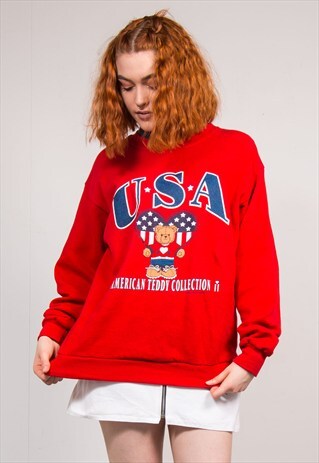90'S VINTAGE RED USA TEDDY SWEATSHIRT JUMPER