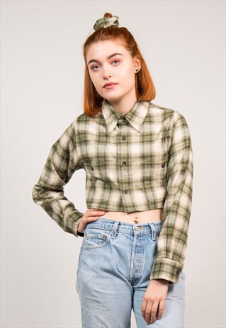 VINTAGE 90'S GREEN CHECK PATTERN CROPPED FLANNEL SHIRT