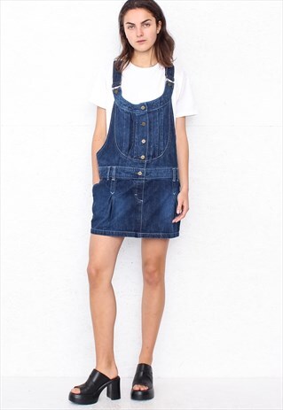 VINTAGE BLUE DICE MINI DENIM PINAFORE DRESS