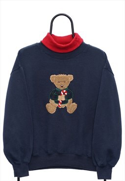 Vintage Christmas Bear Embroidered Navy Sweatshirt Womens