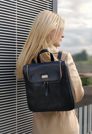 REAL VT LEATHER BACKPACK FOR WOMEN - BLACK RUCKSACK TRAVEL