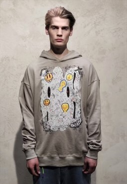 Emoji graffiti hoodie paint scribble smiley pullover in grey