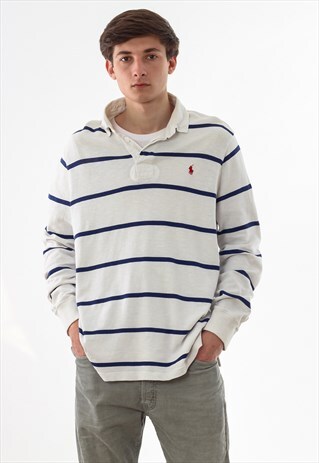 VINTAGE POLO RALPH LAUREN RUGBY POLO SHIRT 90S WHITE BLUE