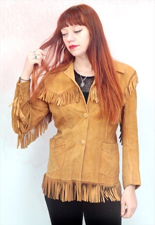 1980S VINTAGE TAN FAUX SUEDE FRINGE JACKET