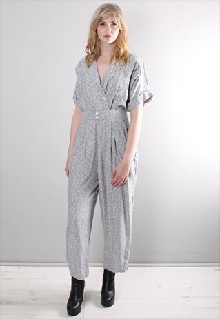 VINTAGE 80S GREY PATTERNED BELTED PLEATED JUMPSUIT