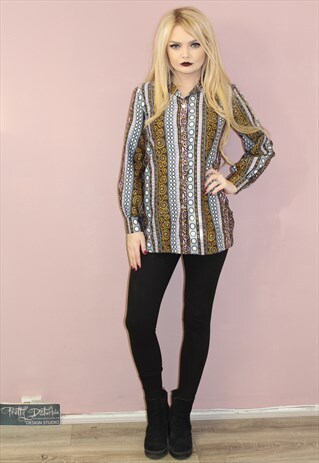 70S VINTAGE MULTI PATTERN PASTEL BLOUSE SHIRT LONG SLEEVE