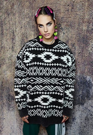 AZTEC SWEATER NATIVE AMERICAN PRINT JUMPER PREMIUM TOP BLACK
