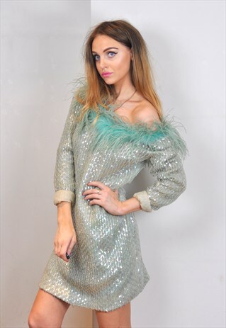 VINTAGE TURQUOISE SEQUIN FEATHER OFF SHOULDER COCKTAIL DRESS