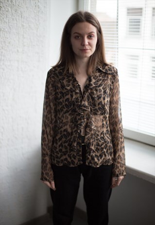 VINTAGE 80'S BROWN ANIMAL PRINT FRILL BLOUSE