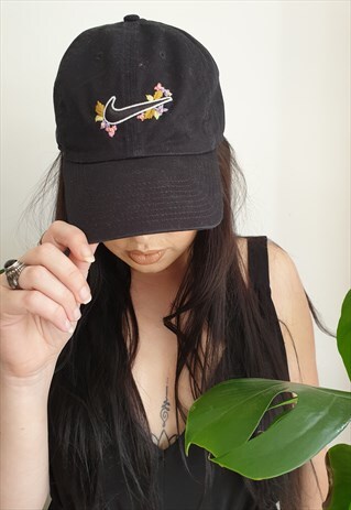 FESTIVAL FLORAL EMBROIDERY BASEBALL CAP HAT BLACK