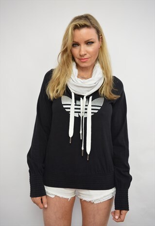 VINTAGE 90S ADIDAS BLACK WHITE & SILVER HOODED SWEATSHIRT