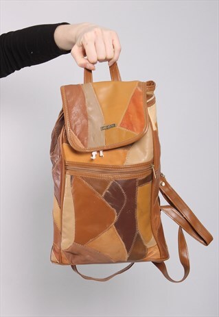 VINTAGE 90S TAN PATCHWORK LEATHER BACKPACK
