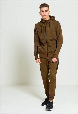 MENS KHAKI ZIP THROUGH CONTRASTING PANEL HOODED TRACKSUIT