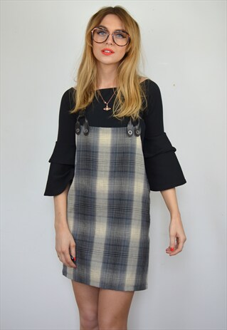 VINTAGE 90S BLACK & WHITE TARTAN PINAFORE DUNGAREES DRESS