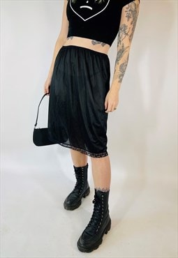 Vintage 90s 00s Y2K Grunge Satin Black Sheer Midi Skirt