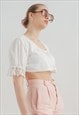 VINTAGE 70S BOHO PUFFY SHORT SLEEVE CROP TOP IN WHITE M