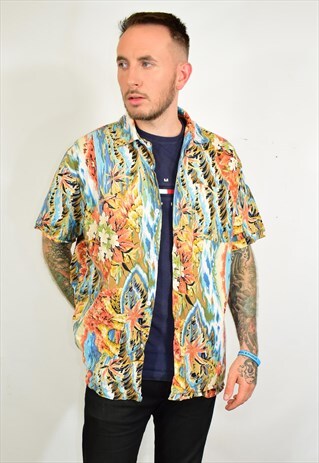VINTAGE 90S ORANGE BLUE FLORAL HAWAIIAN PRINT FESTIVAL SHIRT