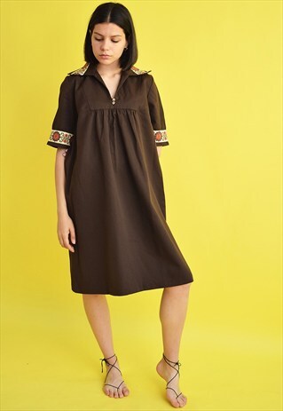 BEAUTIFUL VINTAGE 70'S BOHO HIPPIE ETHNIC BROWN MIDI DRESS