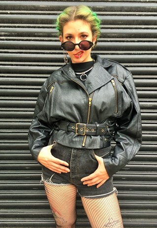 VINTAGE CROPPED BATWING BLACK LEATHER JACKET