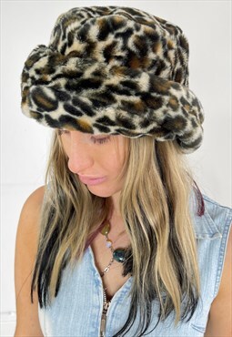 Vintage 90s Hat Faux Fur Leopard Fluffy Festival Y2k
