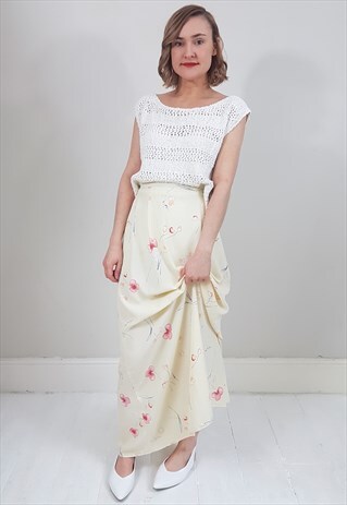VINTAGE 90'S PALE YELLOW AND PEACH FLORAL MAXI SKIRT