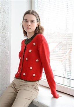 Vintage Red Flower Embroidered Austrian Style Cardigan