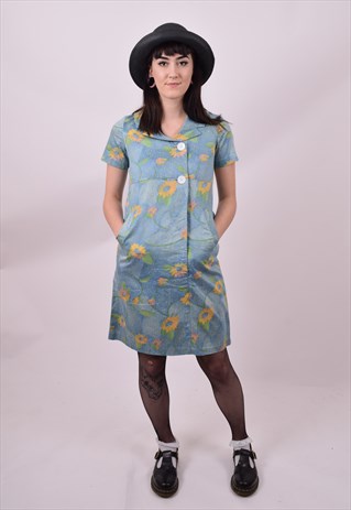 VINTAGE 50'S BLUE SUNFLOWER SHIFT DRESS SIZE 10 12