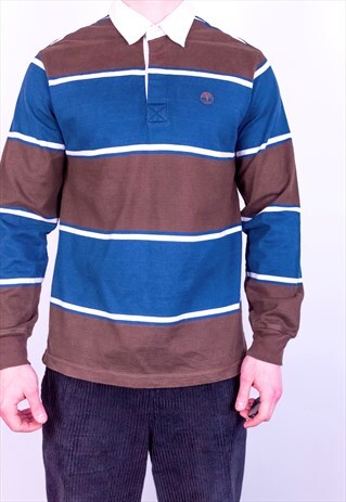 VINTAGE TIMBERLAND STRIPED RUGBY POLO SHIRT IN BLUE &BROWN M