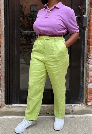 VINTAGE 90S LIME GREEN LINEN TROUSERS (M)