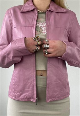 Vintage 90s pink zip up faux leather jacket 