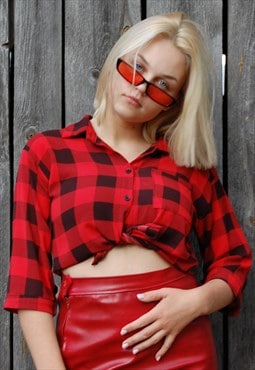 Vintage y2k checkered bright crop top blouse shirt in red