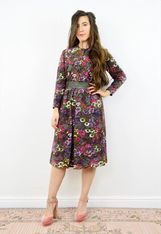 VINTAGE 70S FLORAL HIPPY BOHO WOOL MIDI DRESS