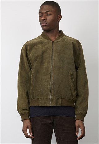 VINTAGE 80'S KHAKI GREEN SUEDE BOMBER JACKET