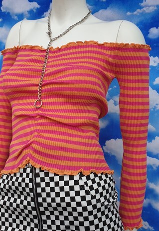 COLD SHOULDER STRIPED RIP TOP WITH LETTUCE TRIM