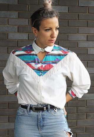 VINTAGE 1990S AZTEC PRINTED FRINGED SHIRT WITH CHOKER COLLAR
