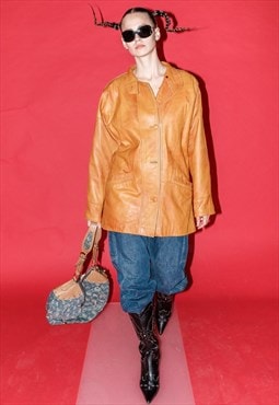 90's Vintage iconic oversized leather jacket in tangerine