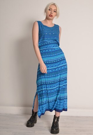 VINTAGE TIE WAISTED RELAXED MAXI BEACH DRESS DRESS IN BLUE